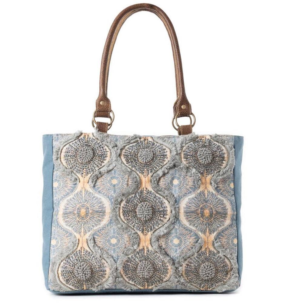 Seabound Mosaic Tote Bag – Faded Blue | Upcycled Canvas & Leather | Myra Bag